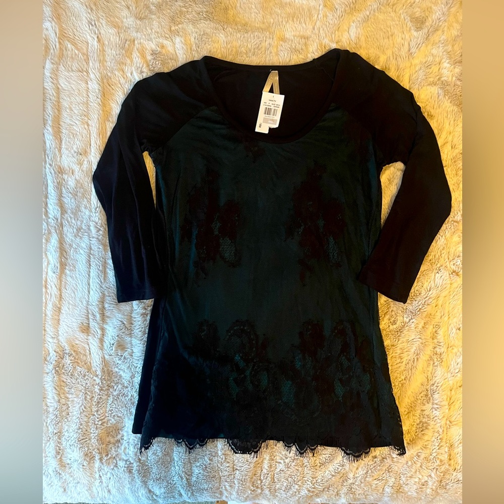 Vanity Black Lace Overlay Teal Top Blouse 3/4 Length Sleeve Women’s Small